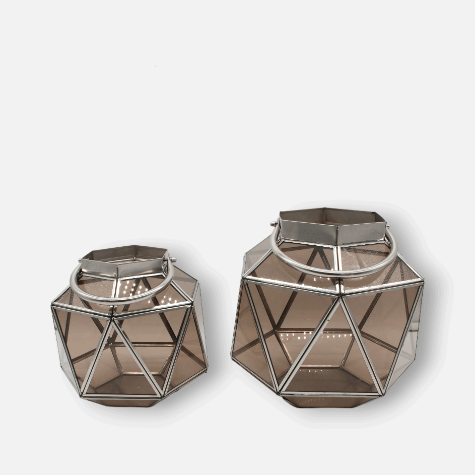 Windlicht, Laterne aus Metall und Glas für Stumpenkerzen, silber-braun, modern, B 25 cm × L 27 cm × H 25 cm – von Parlane