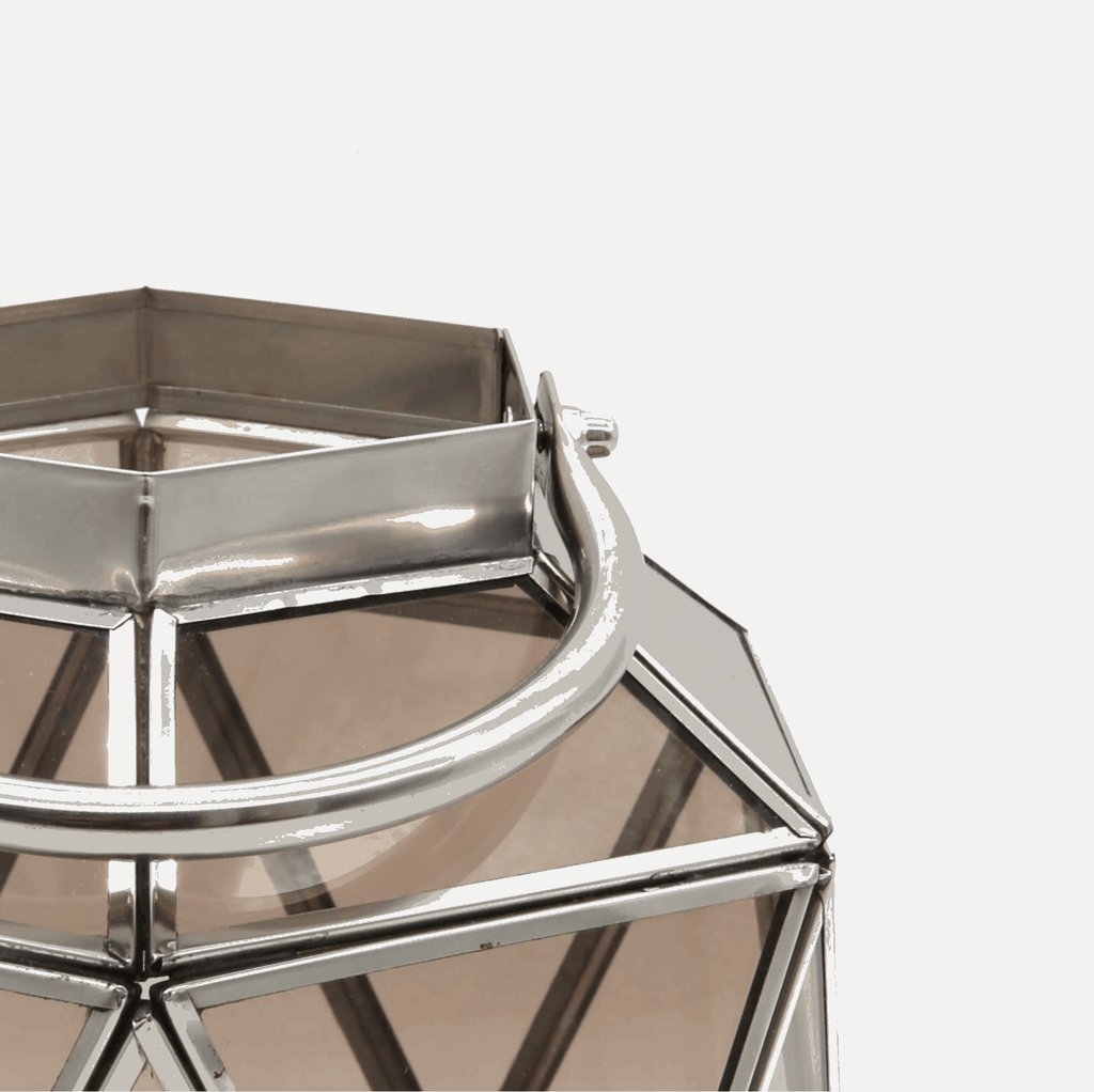 Windlicht, Laterne aus Metall und Glas für Stumpenkerzen, silber-braun, modern, B 25 cm × L 27 cm × H 25 cm – von Parlane