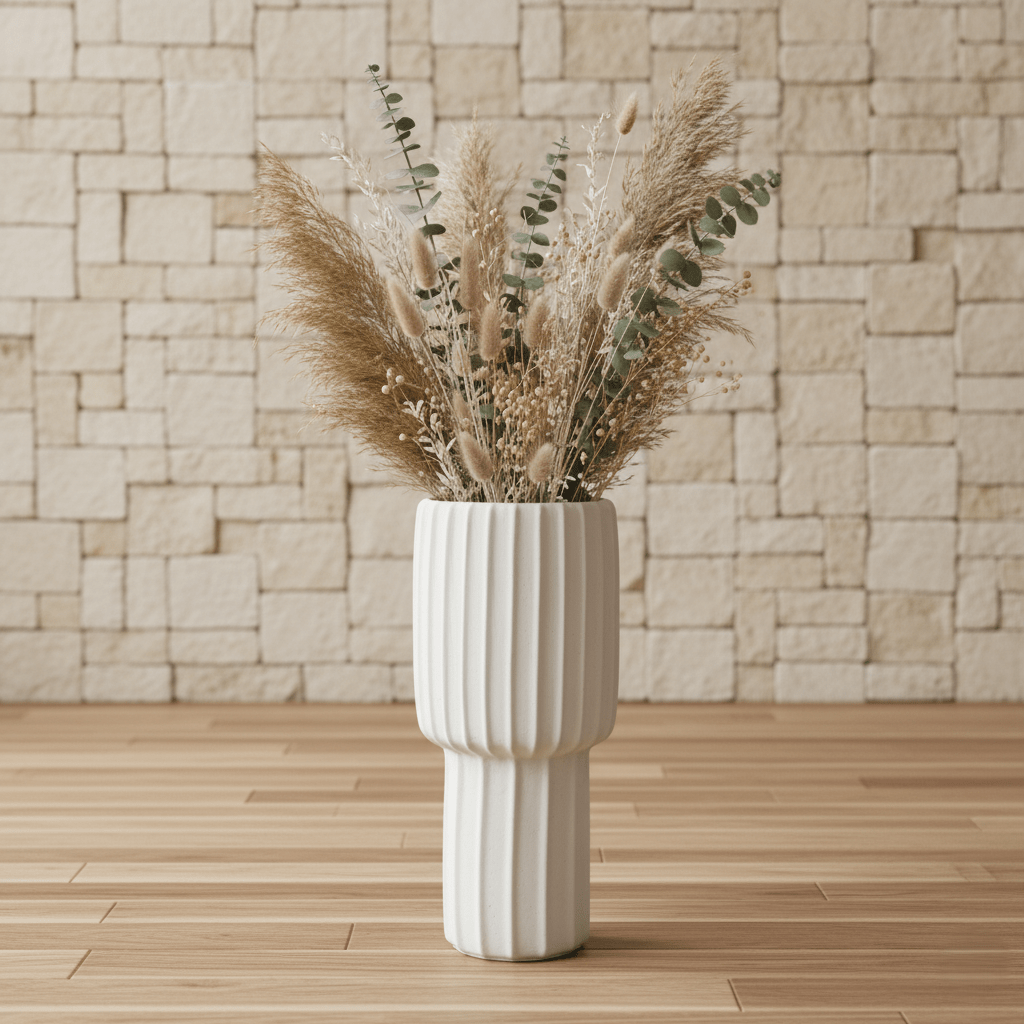 Zementvase, Dekovase aus Zement crème weiss Rillen Ø 17.5cm x H 40cm | Kyrill Vasen von Light & Living