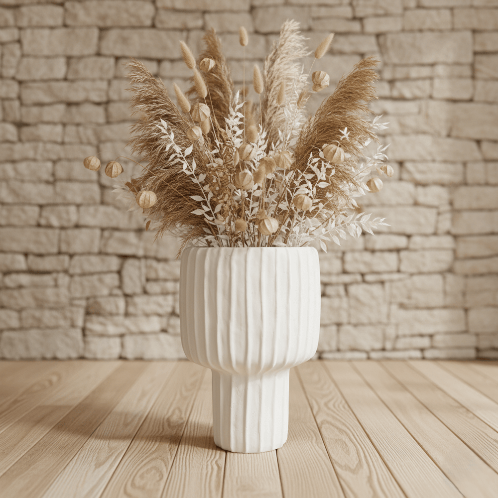 Zementvase, Dekovase aus Zement crème weiss Rillen Ø 23cm x H 35cm | Kyrill Vasen von Light & Living