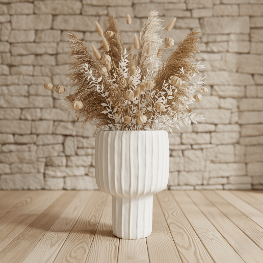 Zementvase, Dekovase aus Zement crème weiss Rillen Ø 23cm x H 35cm | Kyrill Vasen von Light & Living