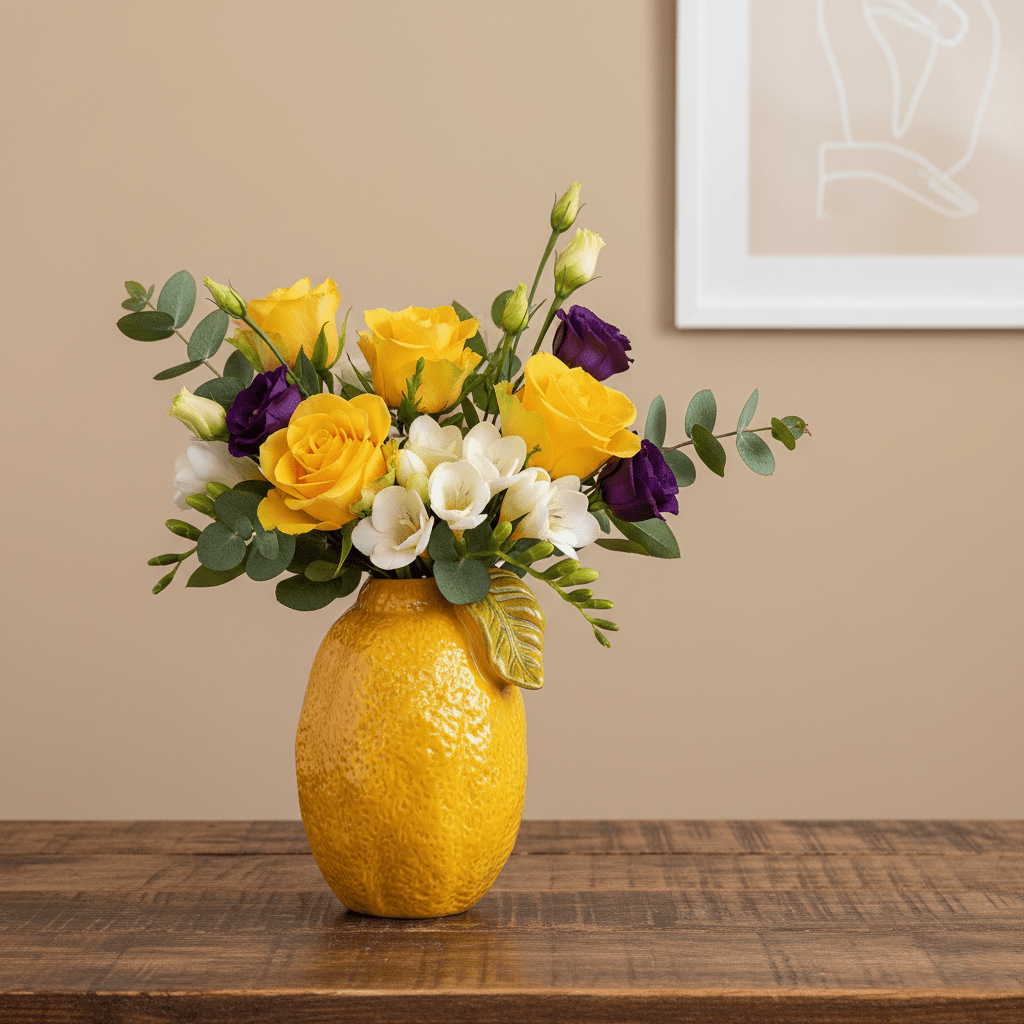 Zitronenvase, Dekovase aus Keramik glasiert Gelb mit Zitronen Motiv Einzeln Ø 21cm x H 31cm | Limonella Vasen von EDG