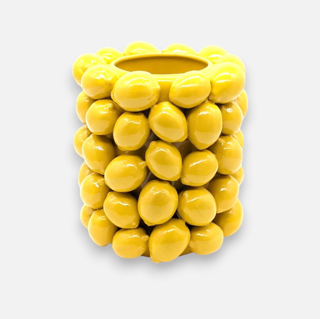 Zitronenvase, Dekovase aus Keramik glasiert gelb mit Zitronenmuster gross Ø 23.5cm x H 26cm | Limonella Vasen von Classico