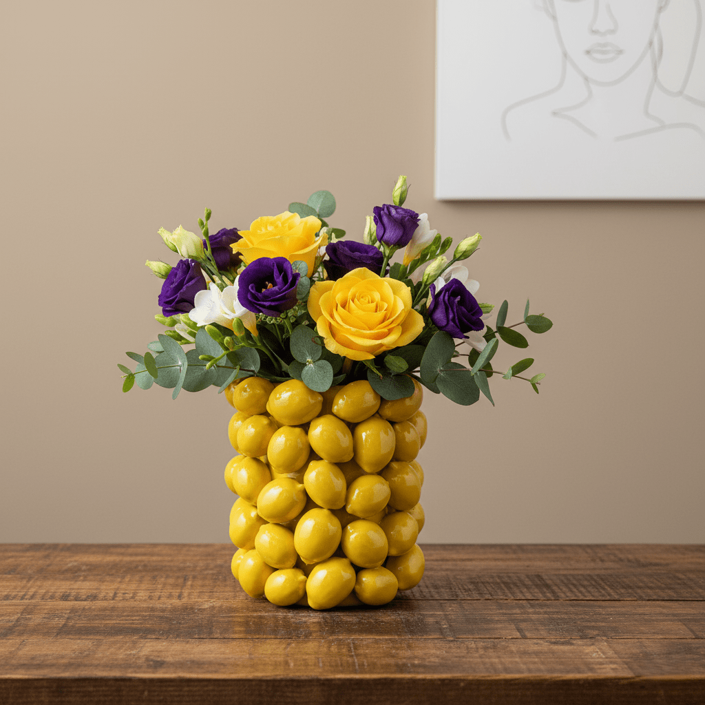 Zitronenvase, Dekovase aus Keramik glasiert gelb mit Zitronenmuster gross Ø 23.5cm x H 26cm | Limonella Vasen von Classico