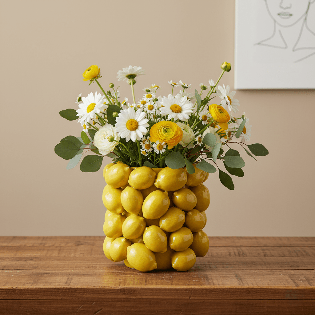 Zitronenvase, Dekovase aus Keramik glasiert gelb mit Zitronenmuster klein Ø 22.5cm x H 20cm | Limonella Vasen von Classico